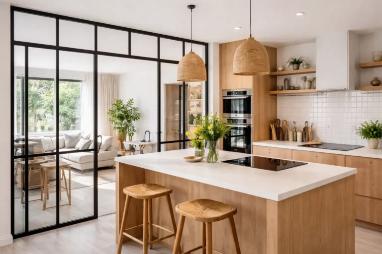 Cuisine moderne avec verrière noire et îlot central en bois clair dans un intérieur lumineux et contemporain.
