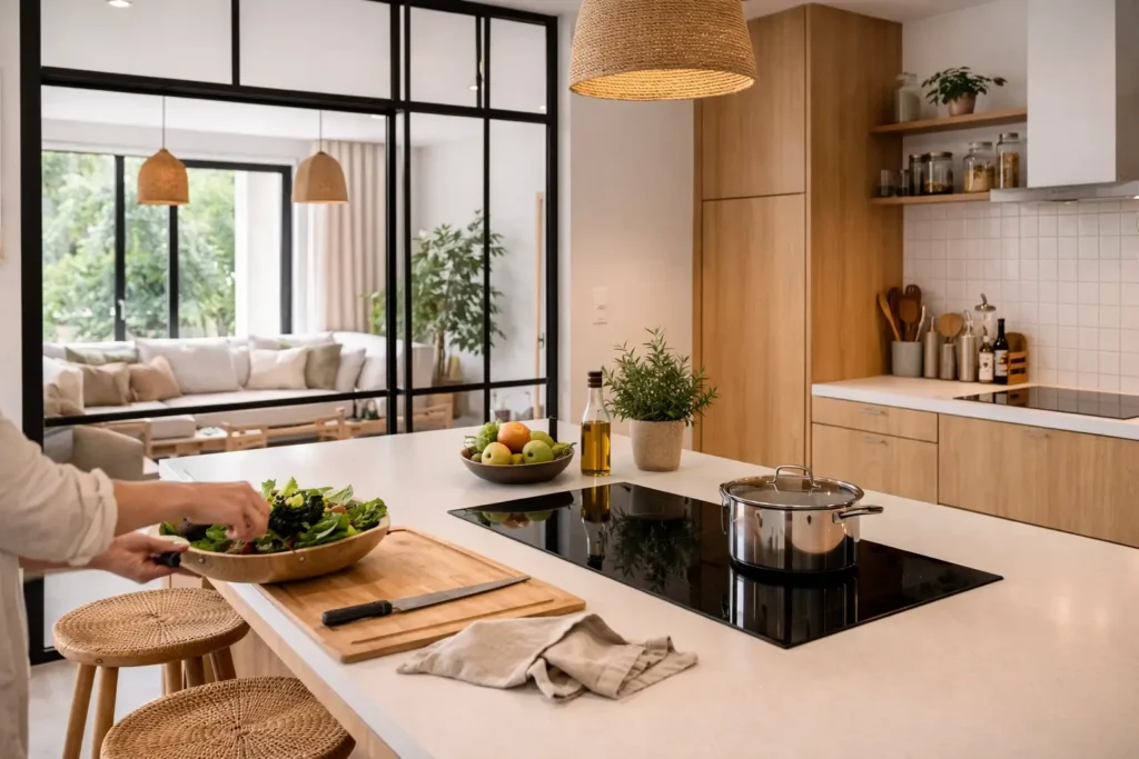 Cuisine avec verrière noire et îlot central utilisé pour la préparation des repas dans un intérieur moderne et lumineux.