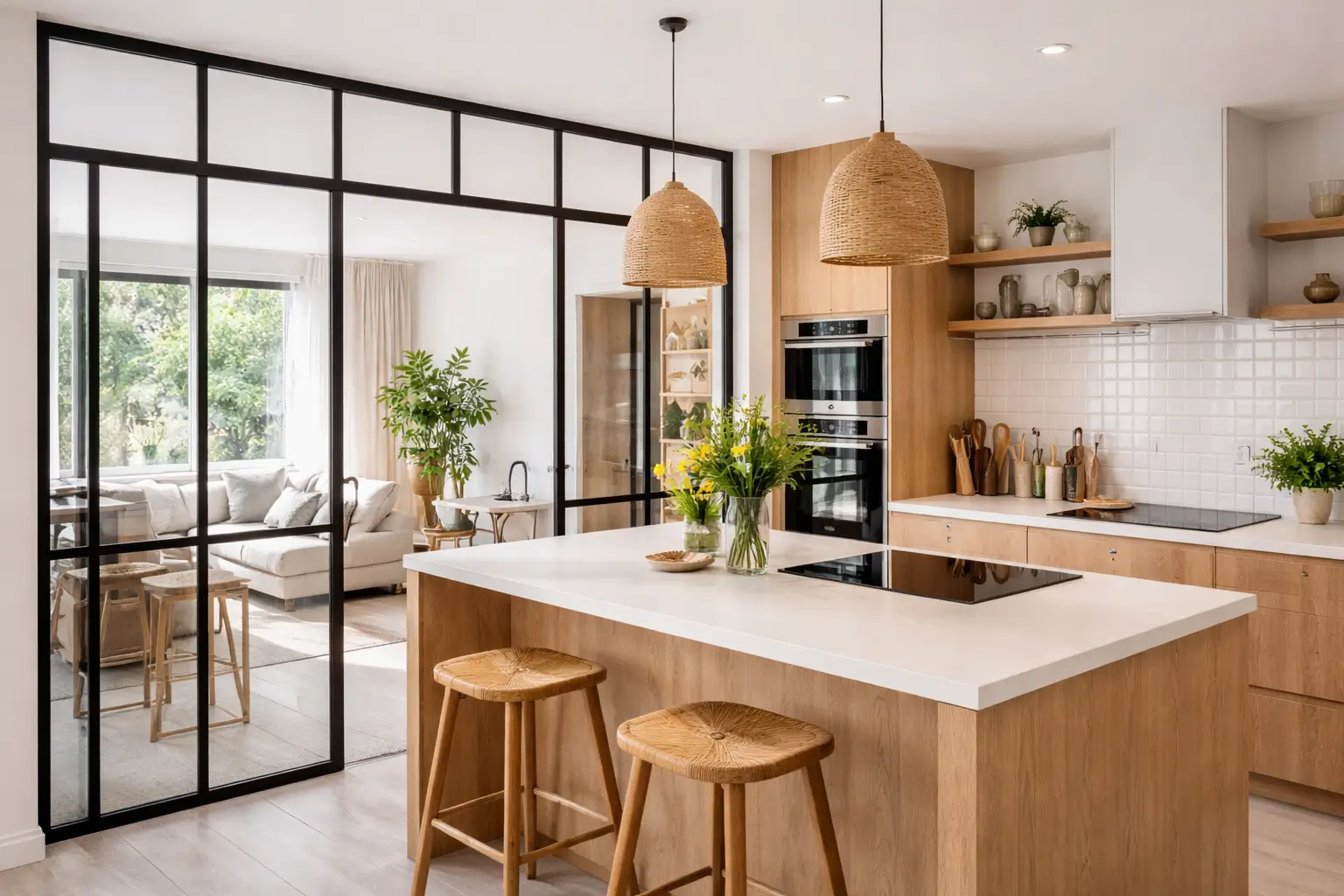 Cuisine moderne avec verrière noire et îlot central en bois clair dans un intérieur lumineux et contemporain.
