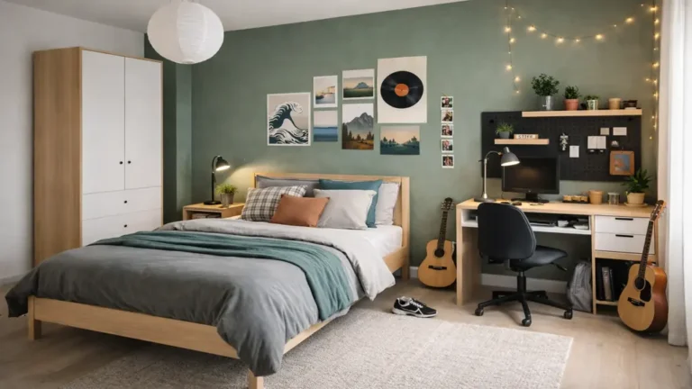 Chambre ado moderne avec mur vert sauge, lit en bois clair, bureau avec ordinateur, guirlande lumineuse et posters décoratifs au mur.