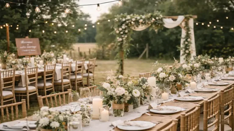 Décoration de mariage champêtre en extérieur avec longues tables en bois, bouquets de fleurs sauvages, lanternes et arche florale dans un cadre naturel.