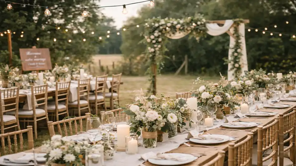 Décoration de mariage champêtre en extérieur avec longues tables en bois, bouquets de fleurs sauvages, lanternes et arche florale dans un cadre naturel.