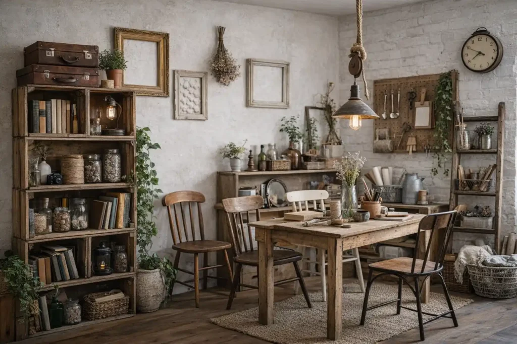 Intérieur déco récup avec meubles chinés, caisses en bois détournées, bocaux en verre et ambiance chaleureuse petit budget