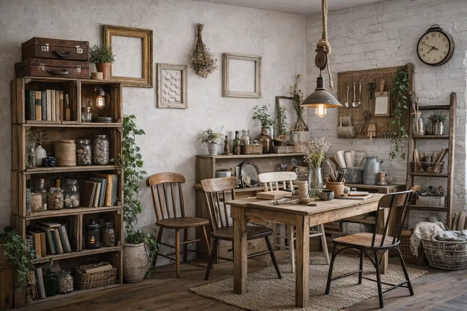 Intérieur déco récup avec meubles chinés, caisses en bois détournées, bocaux en verre et ambiance chaleureuse petit budget