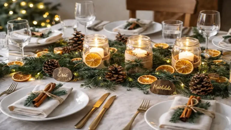 Table de Noël DIY décorée avec branches de sapin, pommes de pin, bocaux photophores, rondelles d’orange séchée et serviettes nouées à la ficelle.
