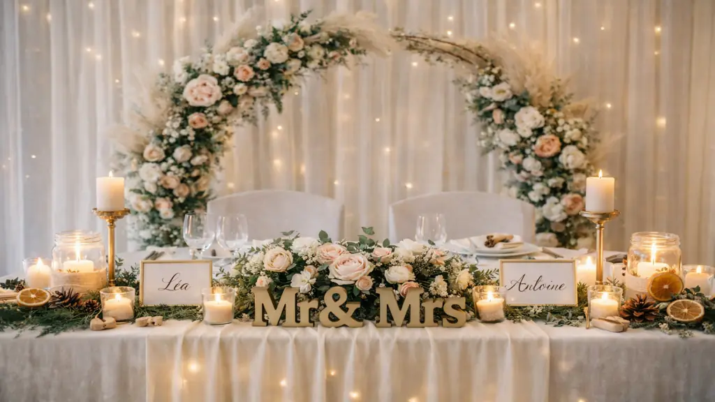 Table des mariés décorée avec composition florale, bougies, panneau Mr & Mrs et arche de fleurs dans une décoration de mariage romantique.