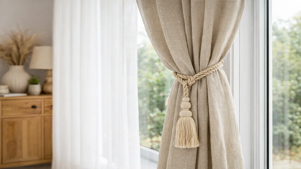 Embrasse rideau en corde avec pompon maintenant un rideau en lin ouvert devant une fenêtre lumineuse dans un salon