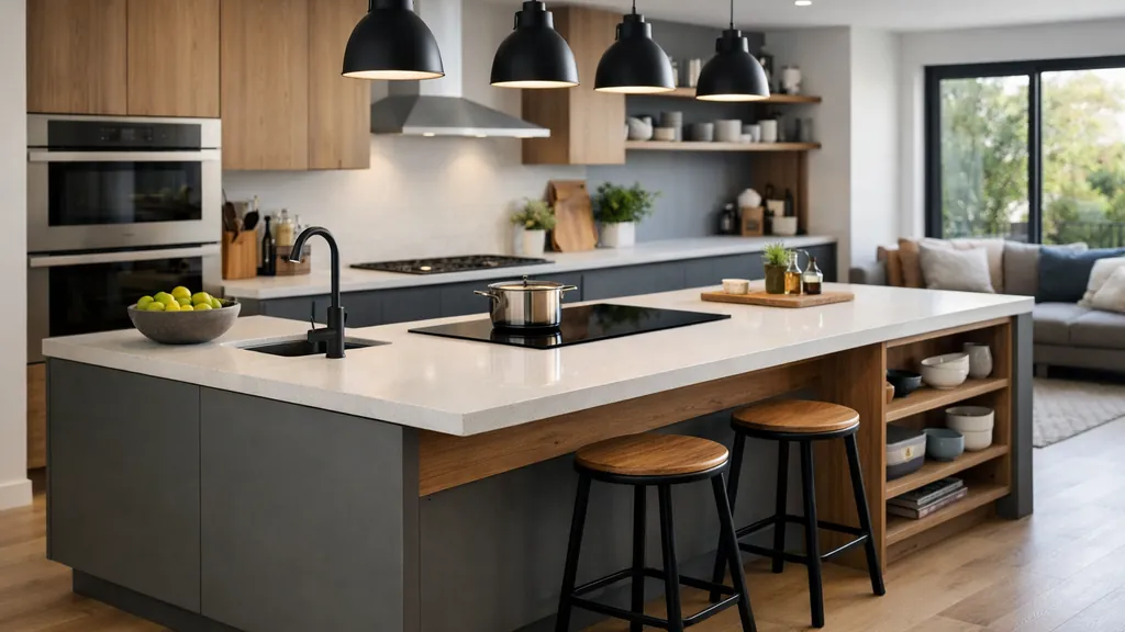 Cuisine moderne avec îlot central, rangements intégrés, coin repas et suspensions dans un espace ouvert lumineux