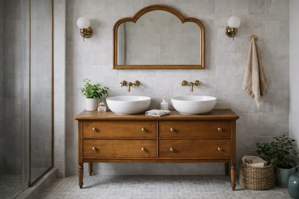 Meuble de salle de bain vintage en bois avec double vasque blanche, miroir rétro et robinetterie en laiton dans une ambiance chaleureuse
