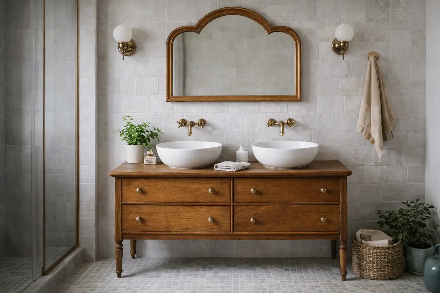 Meuble de salle de bain vintage en bois avec double vasque blanche, miroir rétro et robinetterie en laiton dans une ambiance chaleureuse