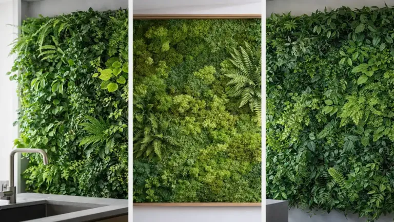 Mur végétal intérieur décoratif dans une pièce moderne avec feuillages denses et ambiance naturelle lumineuse