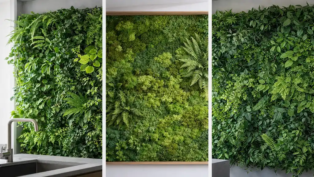 Mur végétal intérieur décoratif dans une pièce moderne avec feuillages denses et ambiance naturelle lumineuse