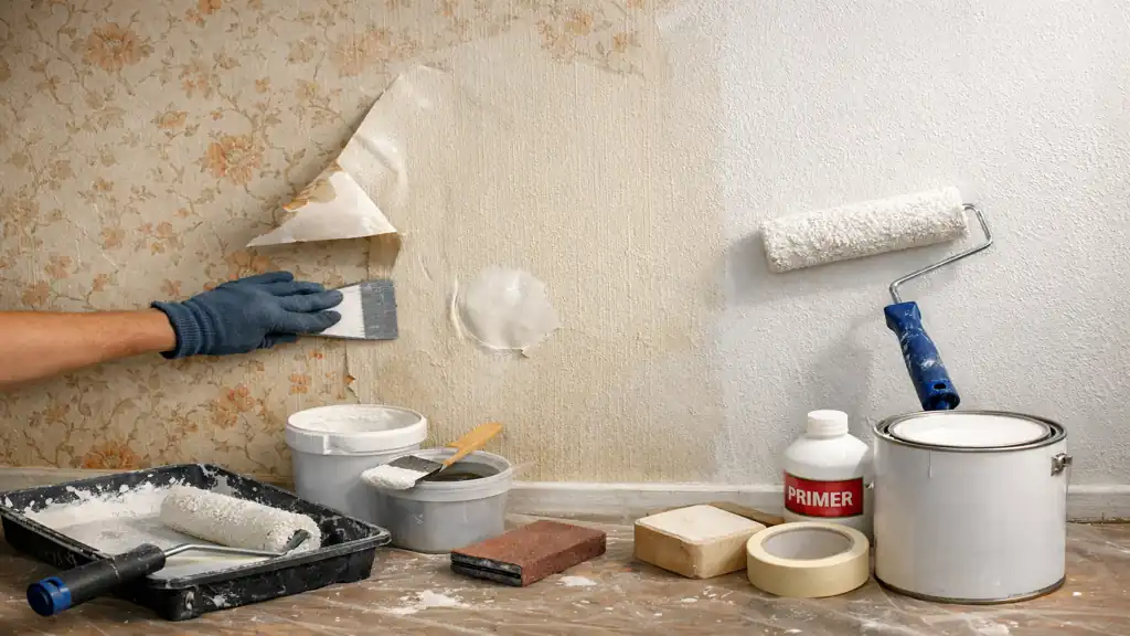 Peindre sur du papier peint avec rouleau après préparation du mur et application d’un primaire d’accroche.