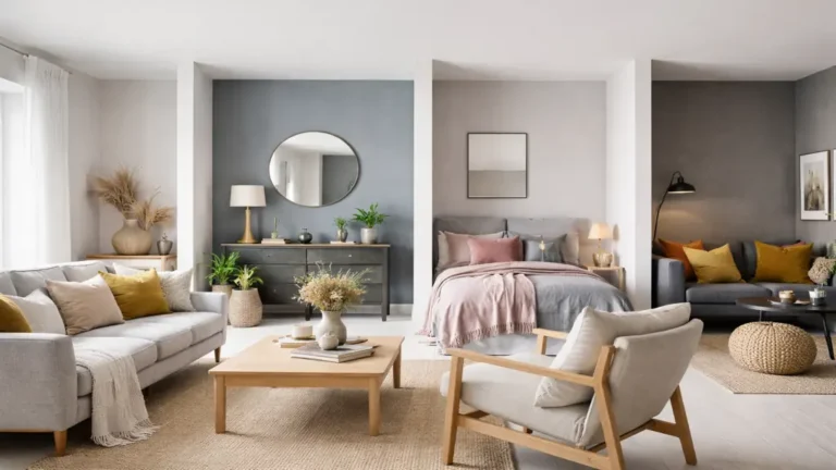 Salon moderne avec murs gris et décoration associant blanc, beige, rose poudré et jaune moutarde pour illustrer les couleurs qui vont avec le gris.