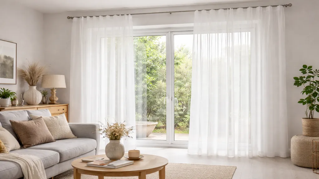 Voilage blanc léger installé sur une baie vitrée dans un salon lumineux laissant passer la lumière naturelle tout en préservant l’intimité.