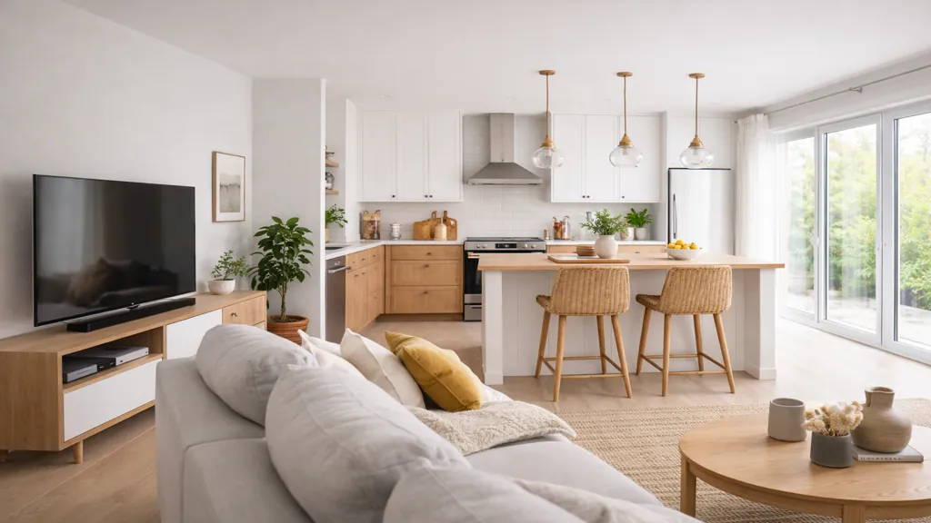Cuisine ouverte sur salon dans une pièce de vie moderne avec îlot central, meubles blancs et bois et coin salon lumineux.