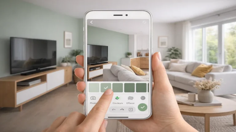 Simulation de couleur de peinture sur un mur avec une application mobile affichant différentes teintes dans un salon lumineux.
