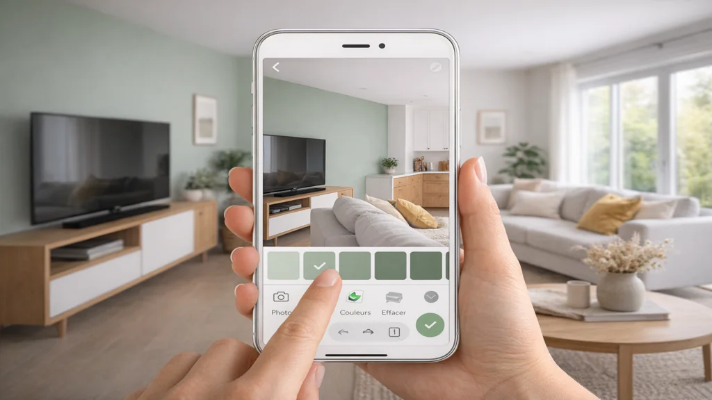 Simulation de couleur de peinture sur un mur avec une application mobile affichant différentes teintes dans un salon lumineux.