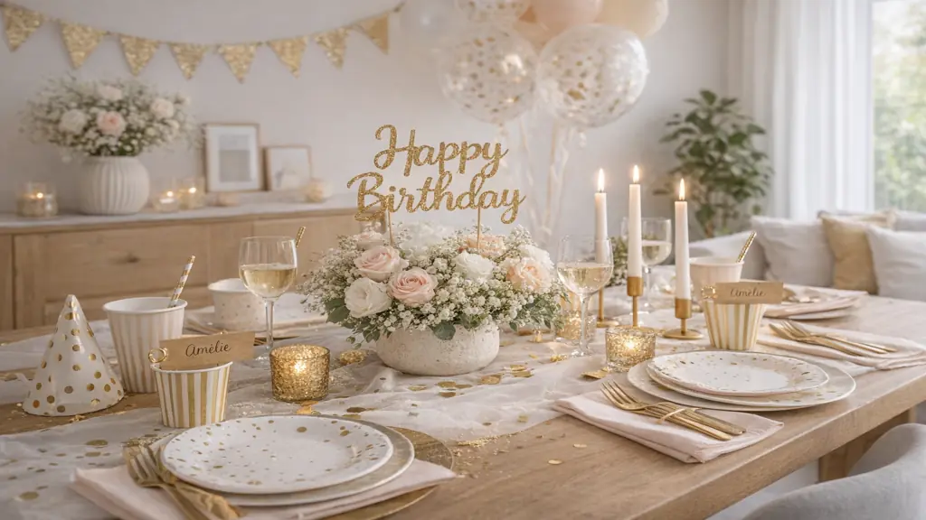 Table de décoration anniversaire avec centre de table floral, vaisselle festive blanche et dorée, bougies et ballons dans une ambiance élégante.