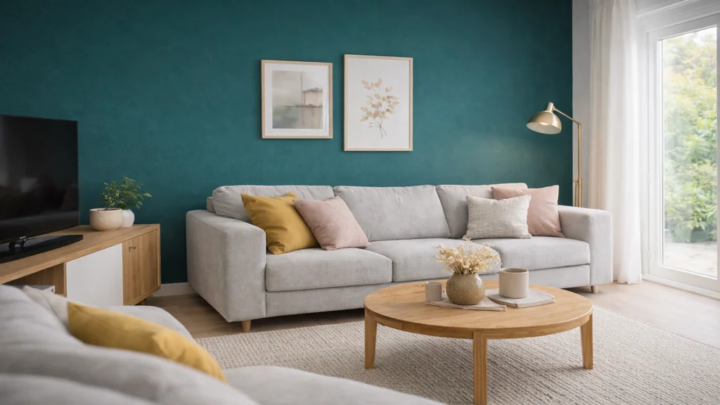 Salon avec mur vert canard profond décoré avec canapé gris clair, coussins jaune moutarde et rose poudré et mobilier en bois clair.
