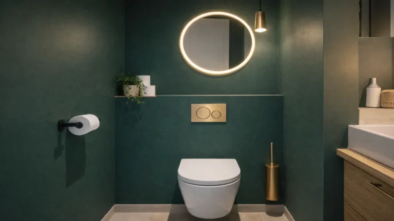 WC moderne avec mur vert profond, toilette suspendue blanche, miroir rond rétroéclairé et accessoires en laiton dans une décoration minimaliste.