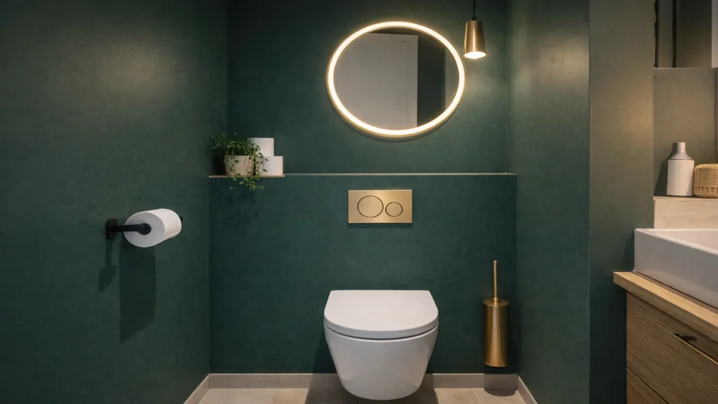 WC moderne avec mur vert profond, toilette suspendue blanche, miroir rond rétroéclairé et accessoires en laiton dans une décoration minimaliste.