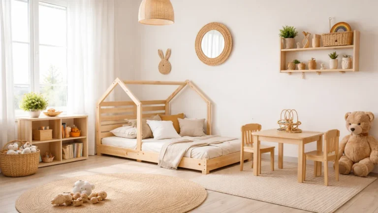 chambre Montessori lumineuse avec lit bas en bois, mobilier enfant et décoration douce favorisant l’autonomie de l’enfant