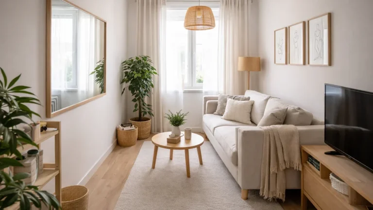 Petit salon lumineux aménagé pour paraître plus grand avec canapé clair, grand miroir mural, meubles compacts et décoration épurée