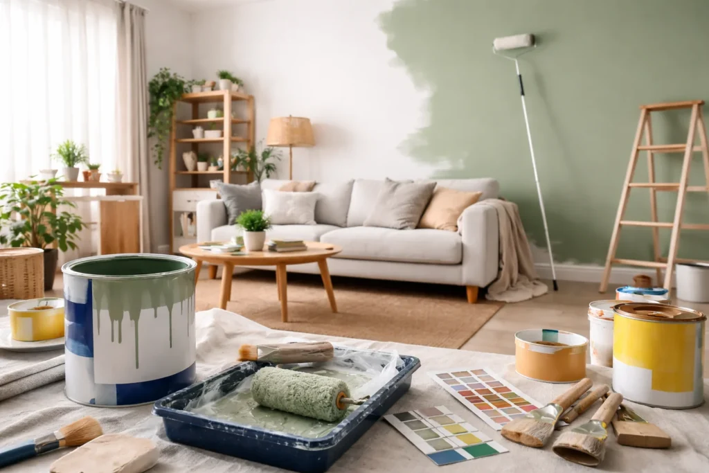 Salon lumineux en cours de peinture avec mur vert sauge, canapé clair, rouleau, pots de peinture et ambiance déco moderne