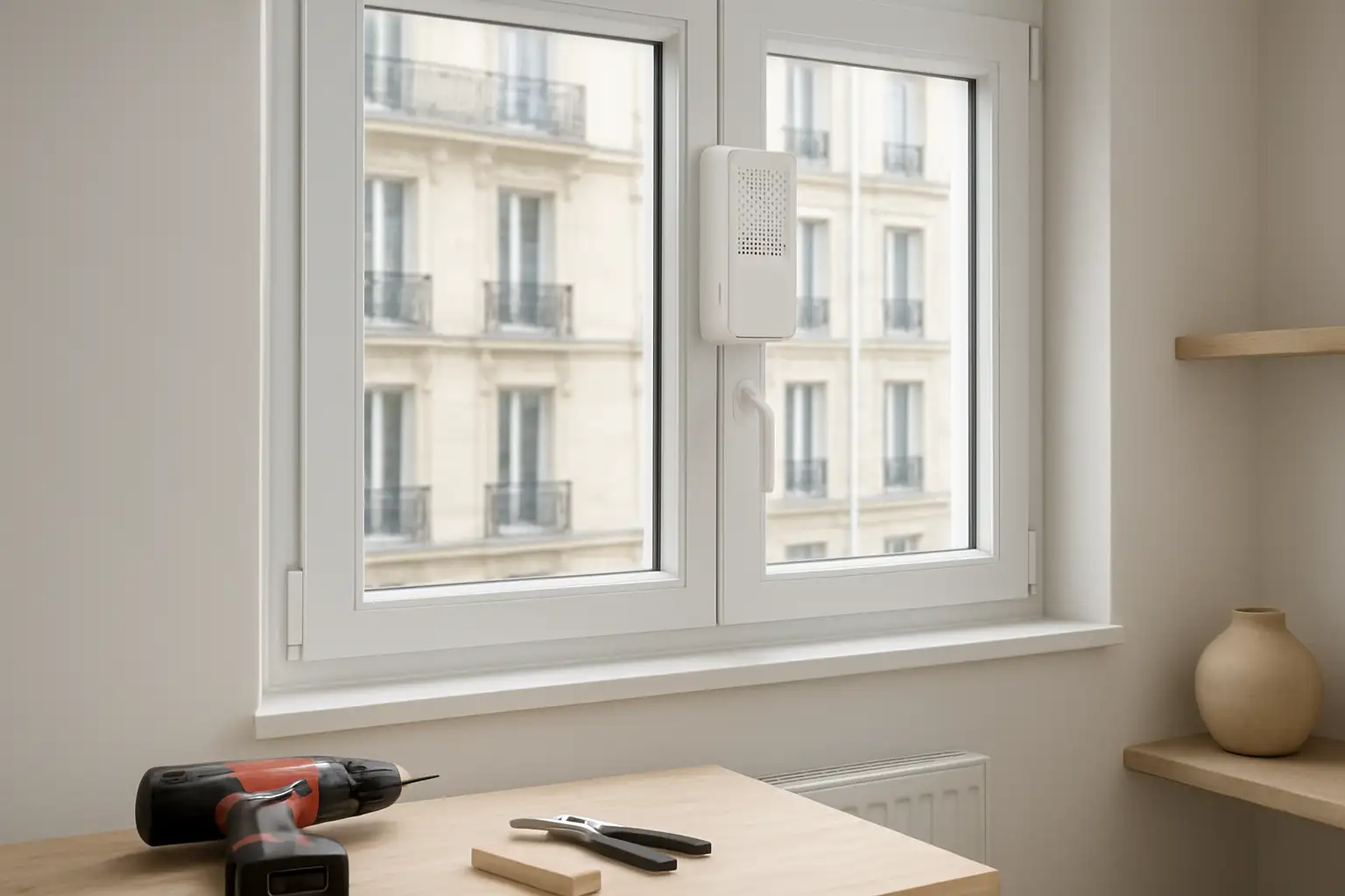 Fenêtre d’appartement avec une solution d’aération sans perçage installée sur le cadre