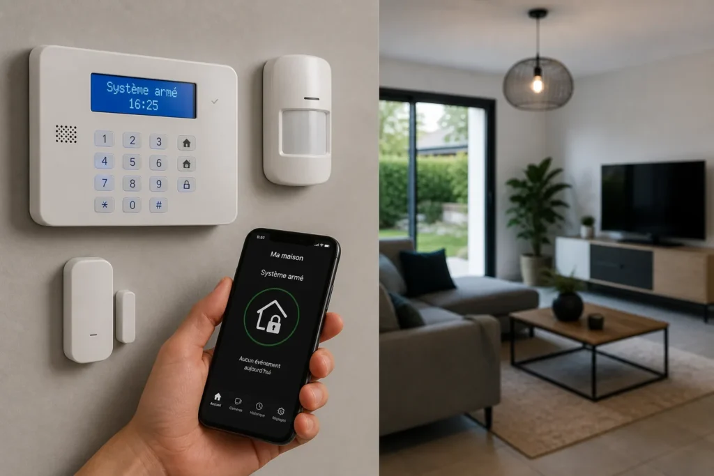 Système d’alarme maison sans abonnement avec clavier mural, détecteurs et contrôle depuis smartphone dans un intérieur moderne.