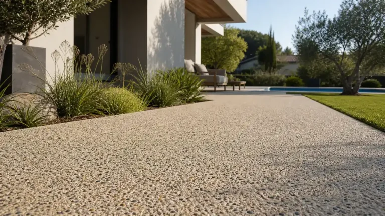 Terrasse extérieure en béton désactivé avec finition gravillonnée devant une maison moderne et un jardin paysager.