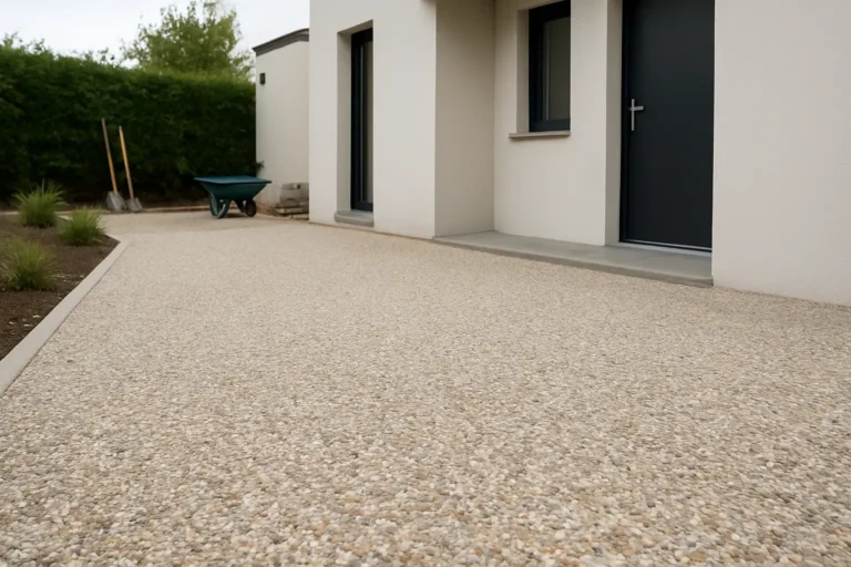 Allée extérieure en béton lavé avec granulats apparents devant une maison