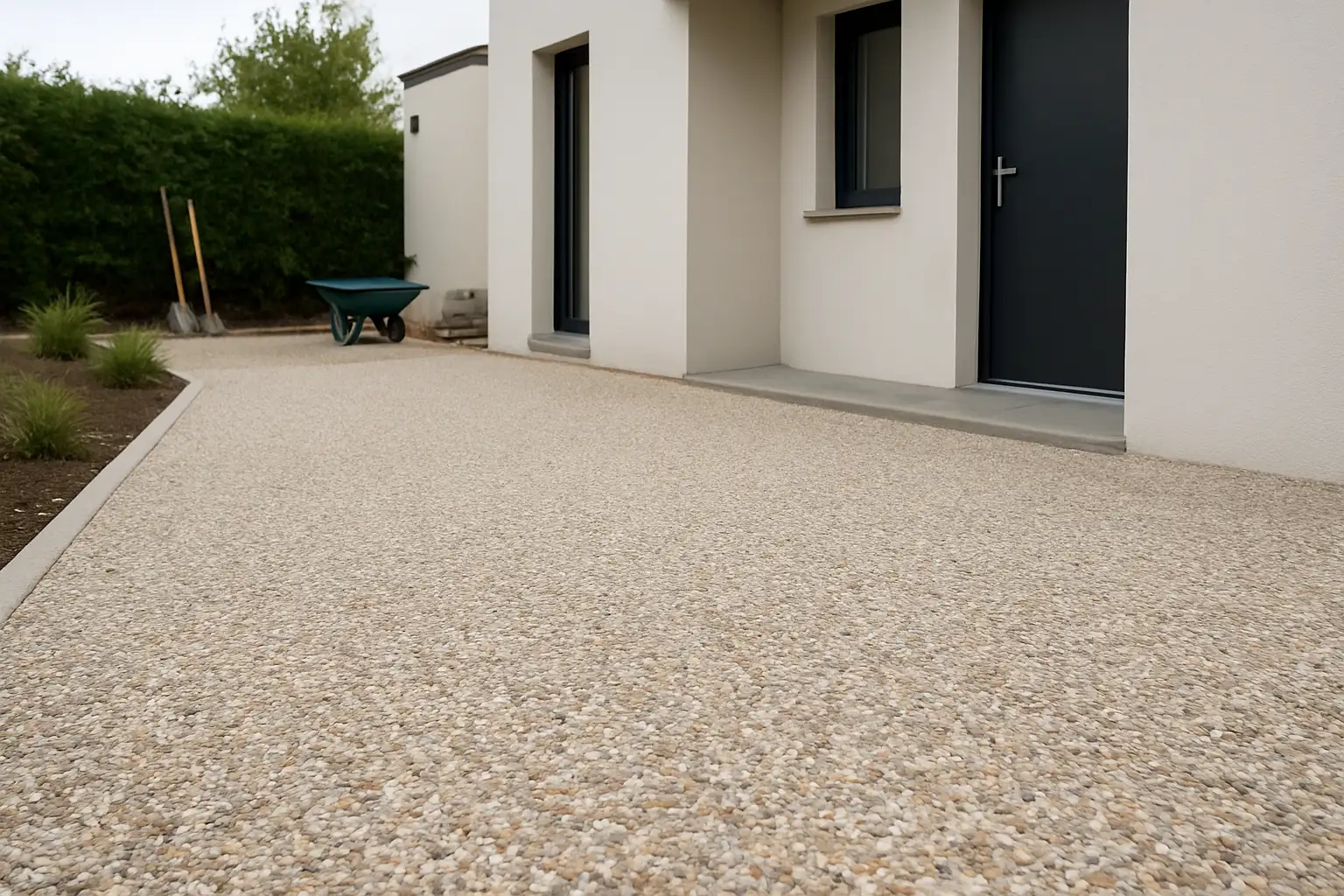 Allée extérieure en béton lavé avec granulats apparents devant une maison