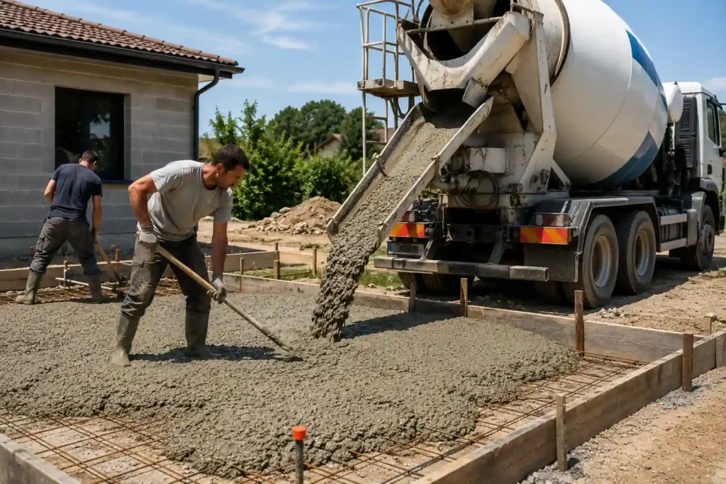 Camion toupie déversant du béton prêt à l’emploi sur une dalle de chantier avec ouvriers en train de le répartir.
