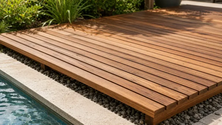 Caillebotis en bois extérieur installé près d’une piscine avec lames naturelles et jardin en arrière-plan