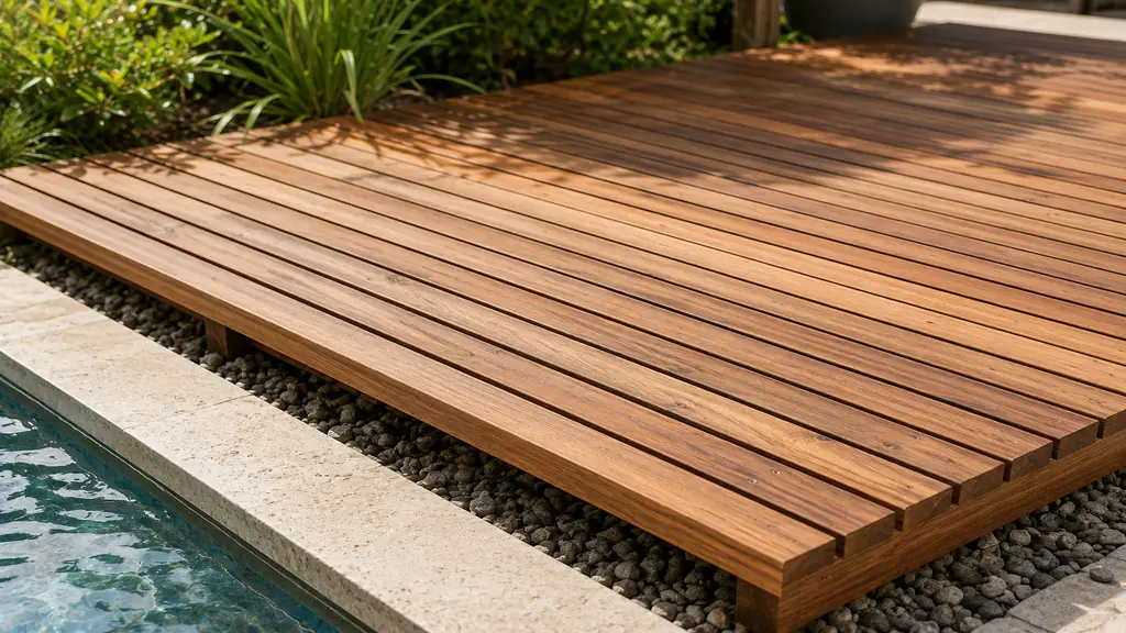 Caillebotis en bois extérieur installé près d’une piscine avec lames naturelles et jardin en arrière-plan