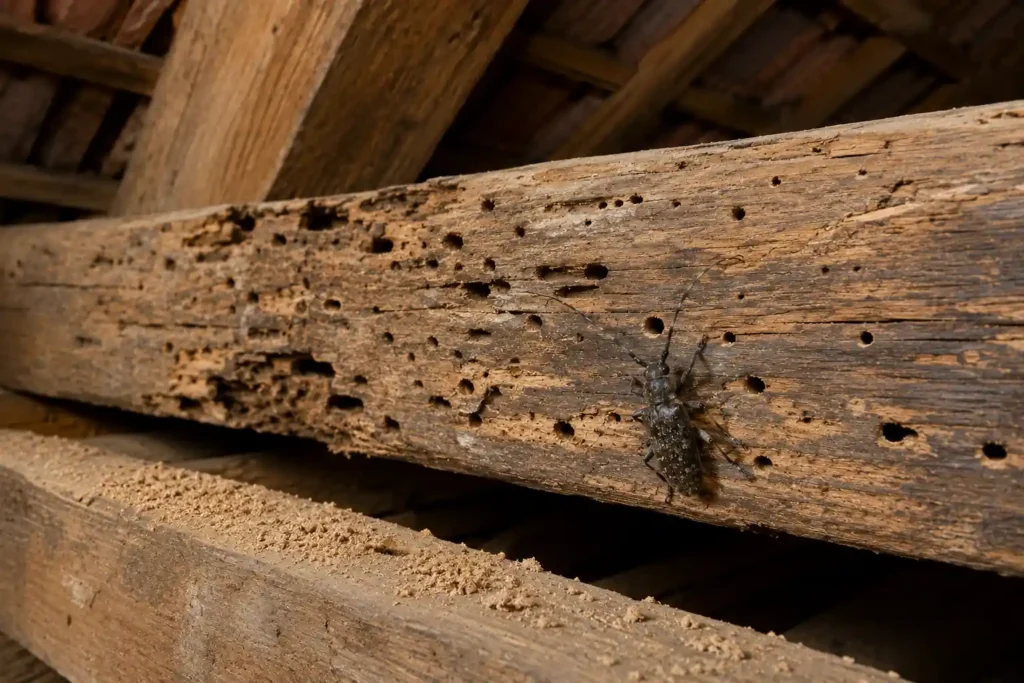 Poutre de charpente attaquée par le capricorne du bois avec trous, galeries et poussière de bois dans des combles.