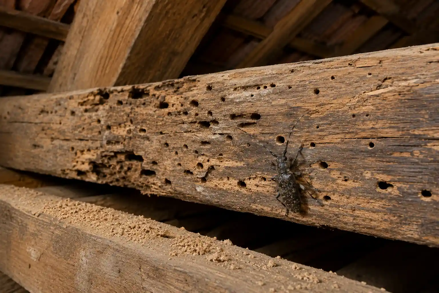 Poutre de charpente attaquée par le capricorne du bois avec trous, galeries et poussière de bois dans des combles.