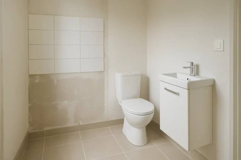 Petit WC contemporain avec carrelage clair au sol et aux murs