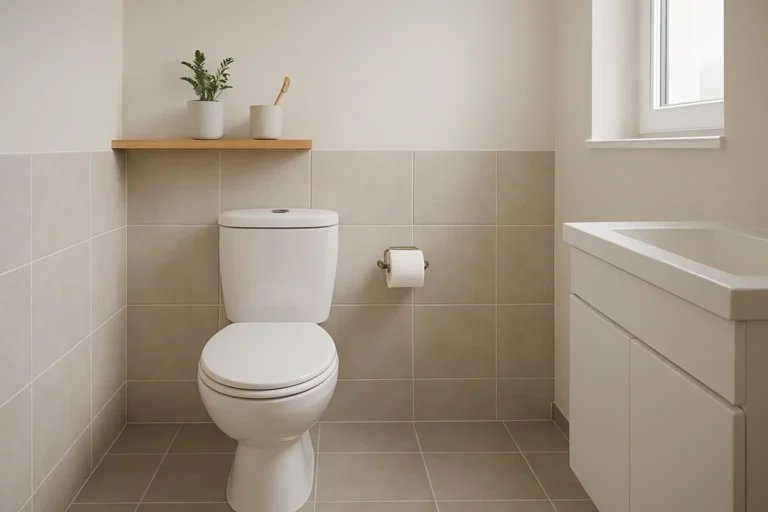 Toilettes modernes avec carrelage au sol et sur les murs dans une pièce en rénovation