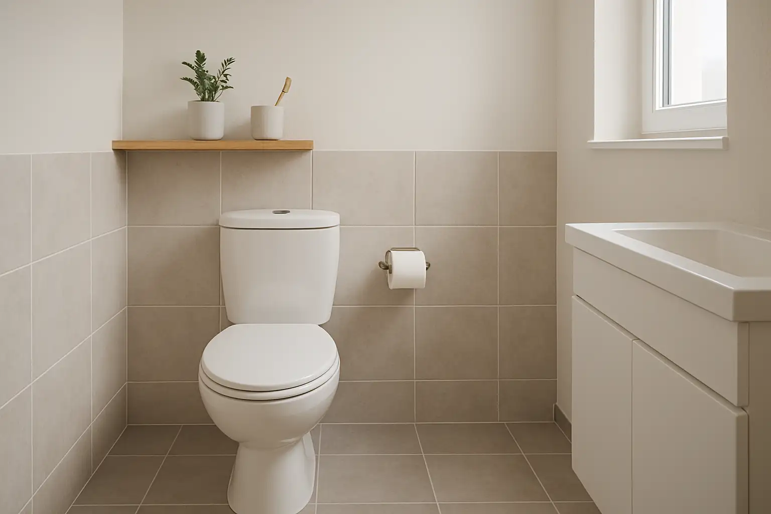 Toilettes modernes avec carrelage au sol et sur les murs dans une pièce en rénovation