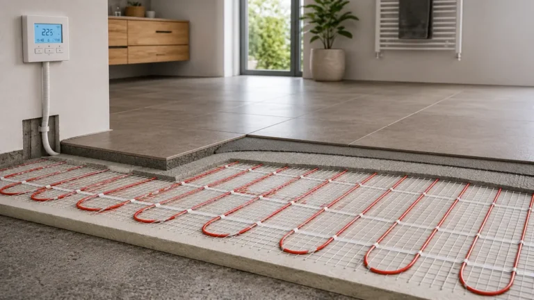 Chauffage au sol électrique installé sous un carrelage dans une pièce moderne avec thermostat mural