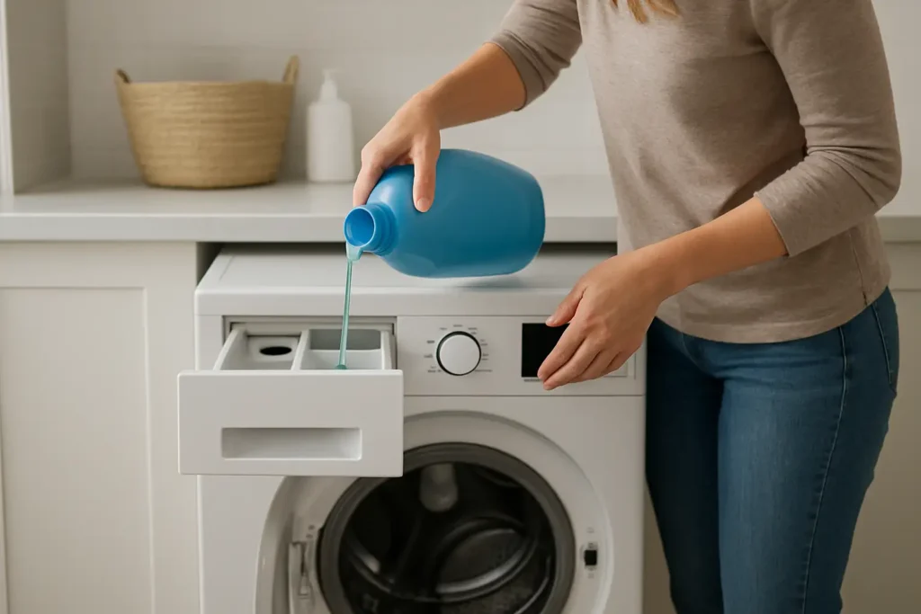 Personne versant de la lessive dans le compartiment lessive d’un lave-linge