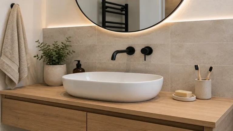 Crédence de salle de bains moderne derrière une vasque blanche avec carrelage mural et robinetterie noire