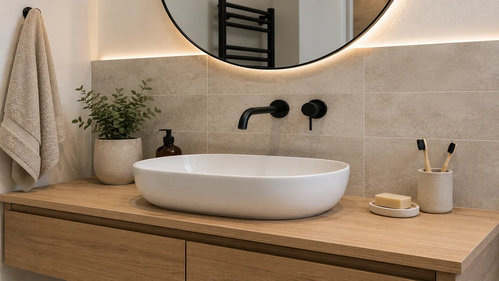 Crédence de salle de bains moderne derrière une vasque blanche avec carrelage mural et robinetterie noire