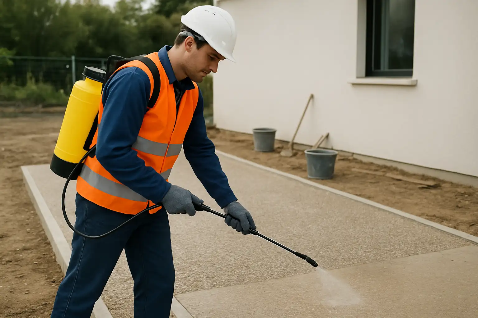 Application d’un désactivant béton sur une dalle fraîche lors d’un chantier extérieur