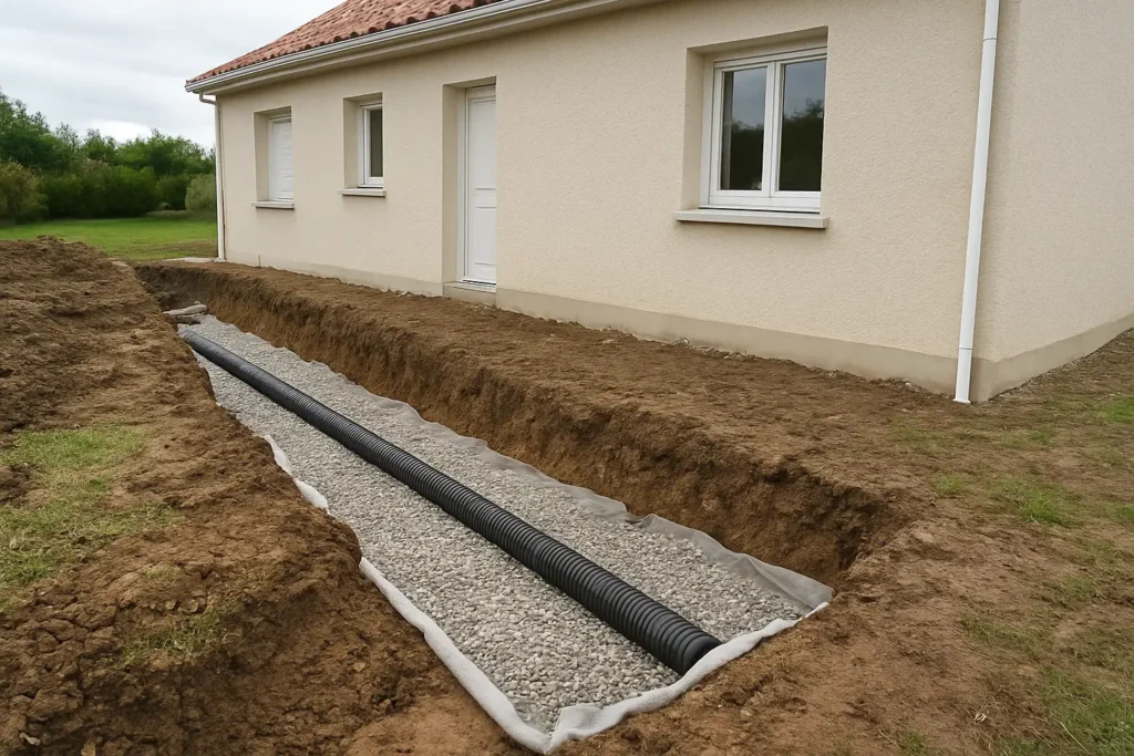Travaux de drainage maison le long des fondations avec gravier et tuyau drainant