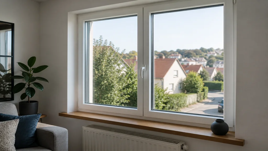 Fenêtre double vitrage dans un salon lumineux avec vue sur un quartier résidentiel