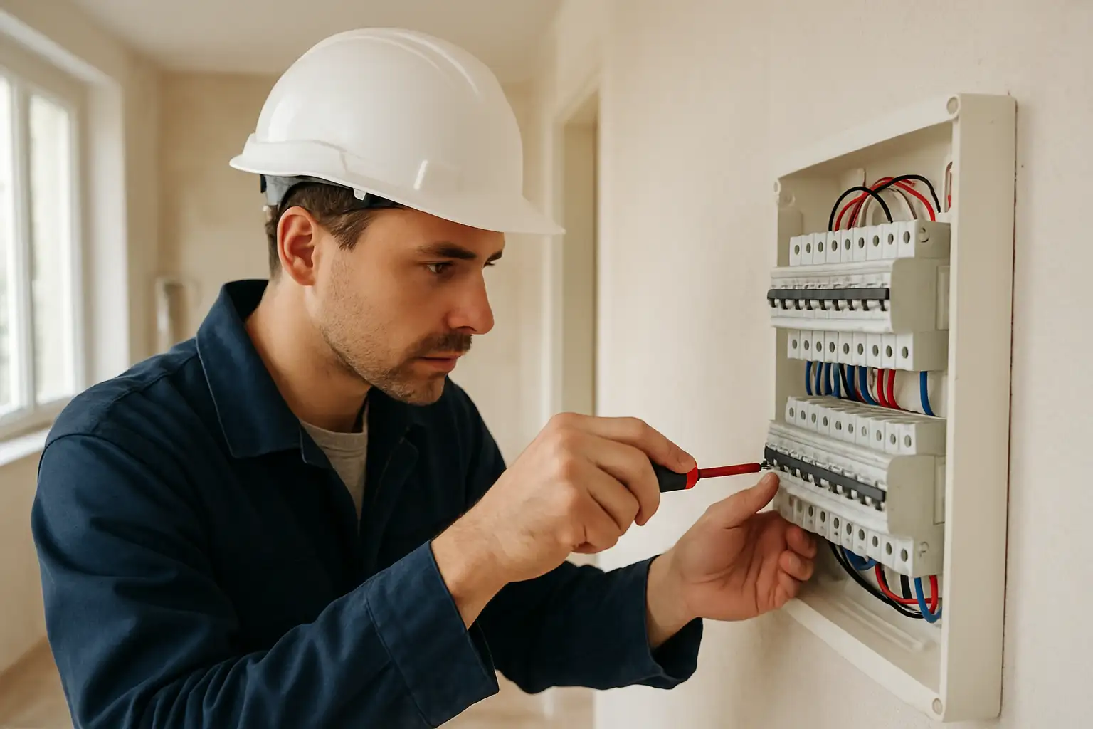 Électricien vérifiant un tableau électrique avec disjoncteurs dans une maison